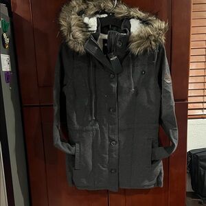 Hollister Women's Black Jacket with Faux Fur Hood